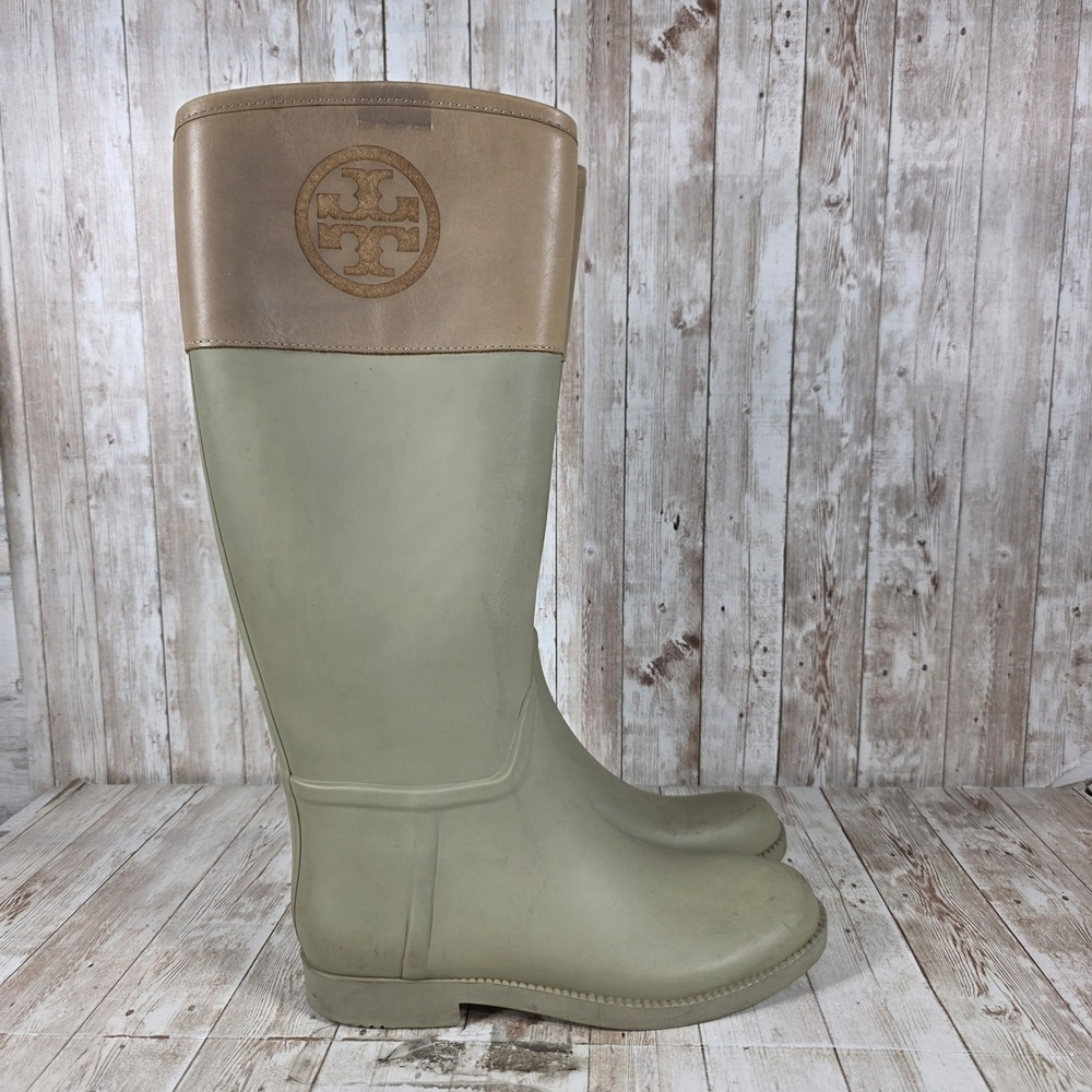 Tory Burch Riding Rain Boots Beige Tan Logo Rubber Women's Size 9B